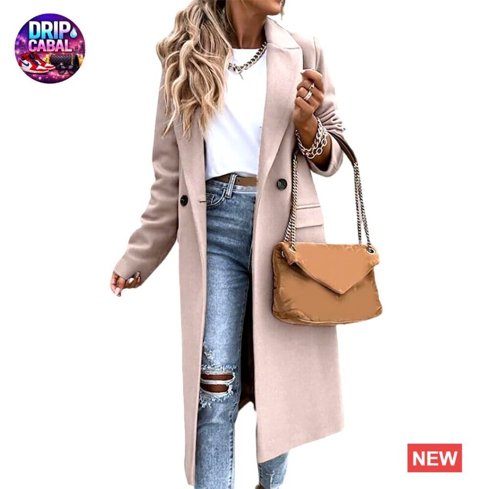 Long Wool Pea Coat Notch Lapel Classic Elegant Dressy Fall Winter Jacket
